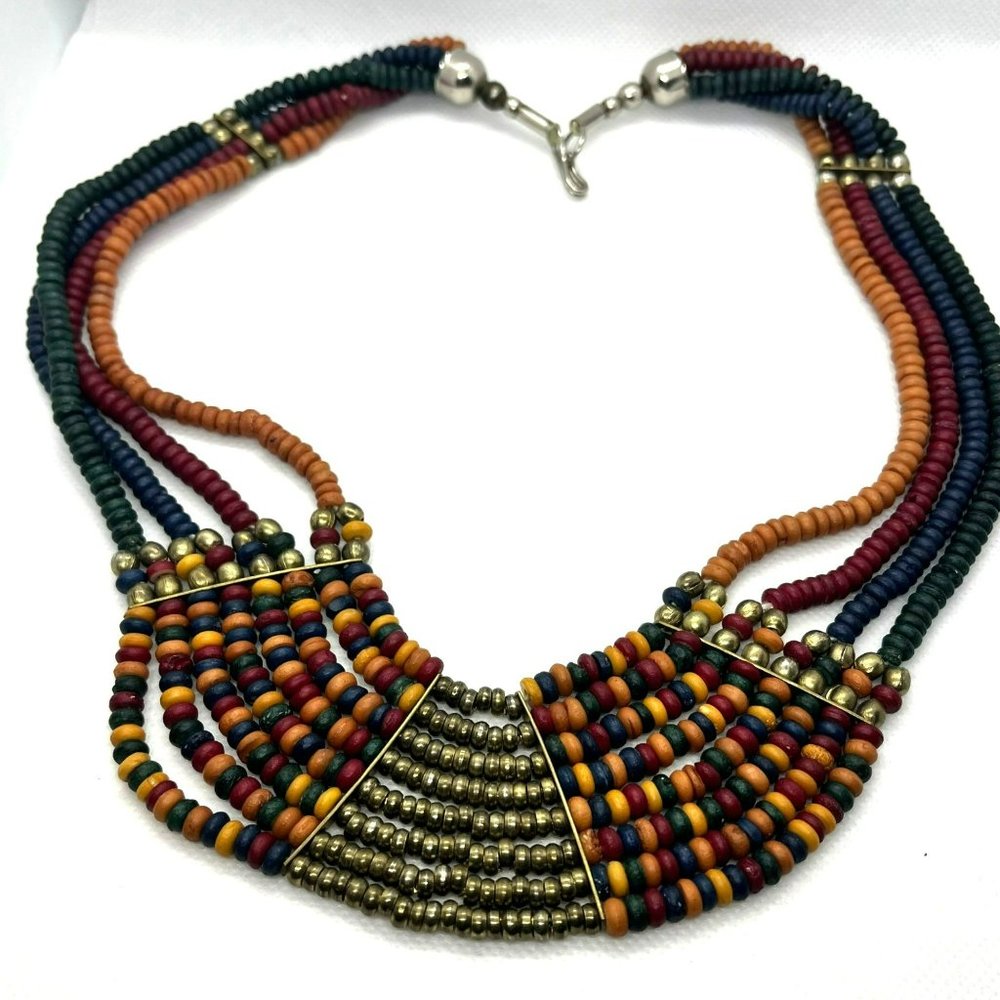 Boho Chic Trendy Multi Strand VTG Blue Red Black Natural Rondelle Bead Necklace - Picture 3 of 8